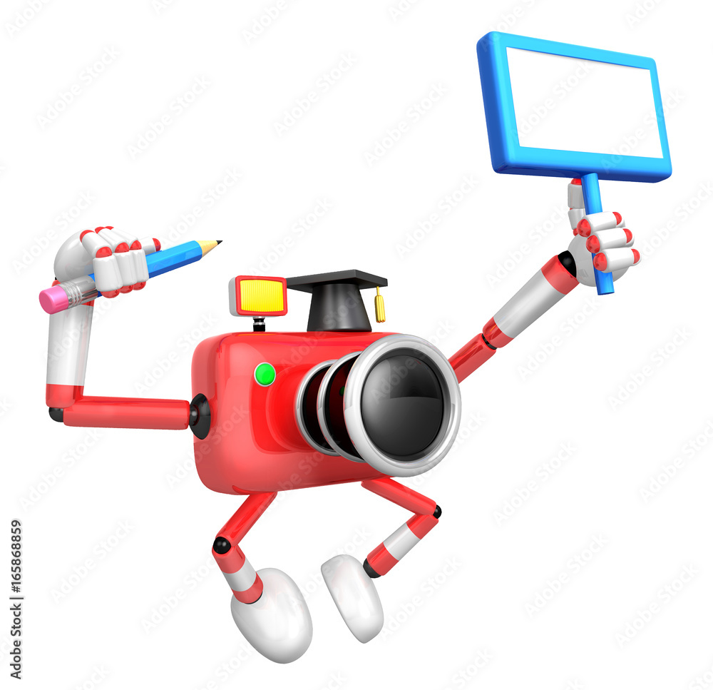 The left hand Holding the board Doctor red Camera Character. The right hand grasp pencil. Create 3D Camera Robot Series. The left hand Holding the board Doctor red Camera Character. The right hand grasp pencil. Create 3D Camera Robot Series.