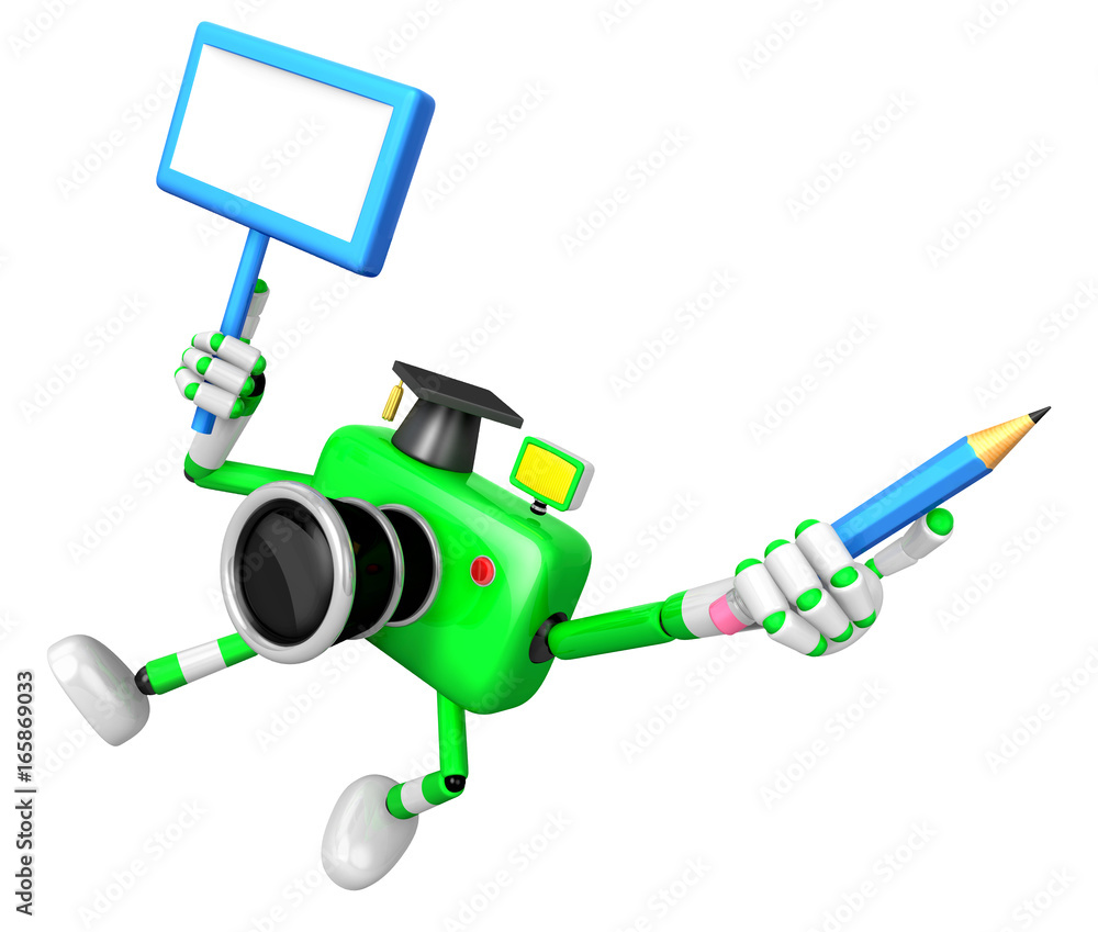 The left hand Holding the board Doctor Green Camera Character. The right hand grasp pencil. Create 3D Camera Robot Series. The left hand Holding the board Doctor Green Camera Character. The right hand grasp pencil. Create 3D Camera Robot Series.