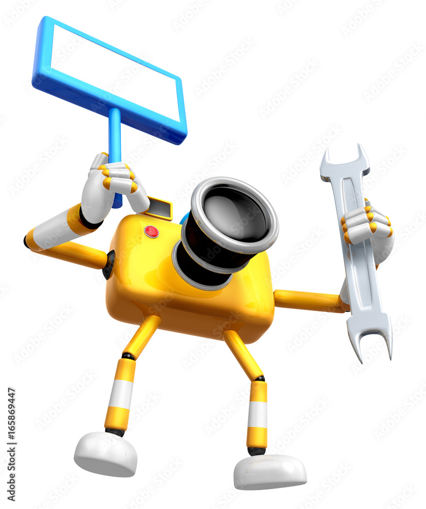 The left hand Holding the board Engineer Yellow Camera Character. The right hand is holding a Spanner. Create 3D Camera Robot Series. The left hand Holding the board Engineer Yellow Camera Character. The right hand is holding a Spanner. Create 3D Camera Robot Series.