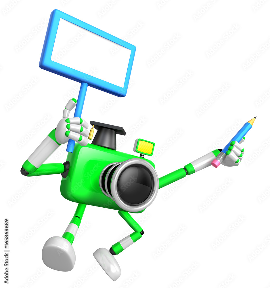 The left hand Holding the board Doctor Green Camera Character. The right hand grasp pencil. Create 3D Camera Robot Series. The left hand Holding the board Doctor Green Camera Character. The right hand grasp pencil. Create 3D Camera Robot Series.