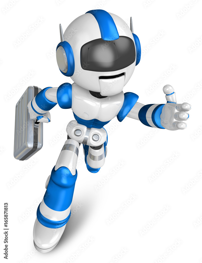 Blue robot character holding a briefcase is going to front Running. Create 3D Humanoid Robot Series. Blue robot character holding a briefcase is going to front Running. Create 3D Humanoid Robot Series.