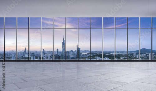 Photography Panoramic skyline and buildings from glass window