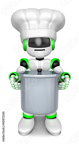 Green robot Character is holding a saucepan with both hands. Create 3D Humanoid Robot Series.