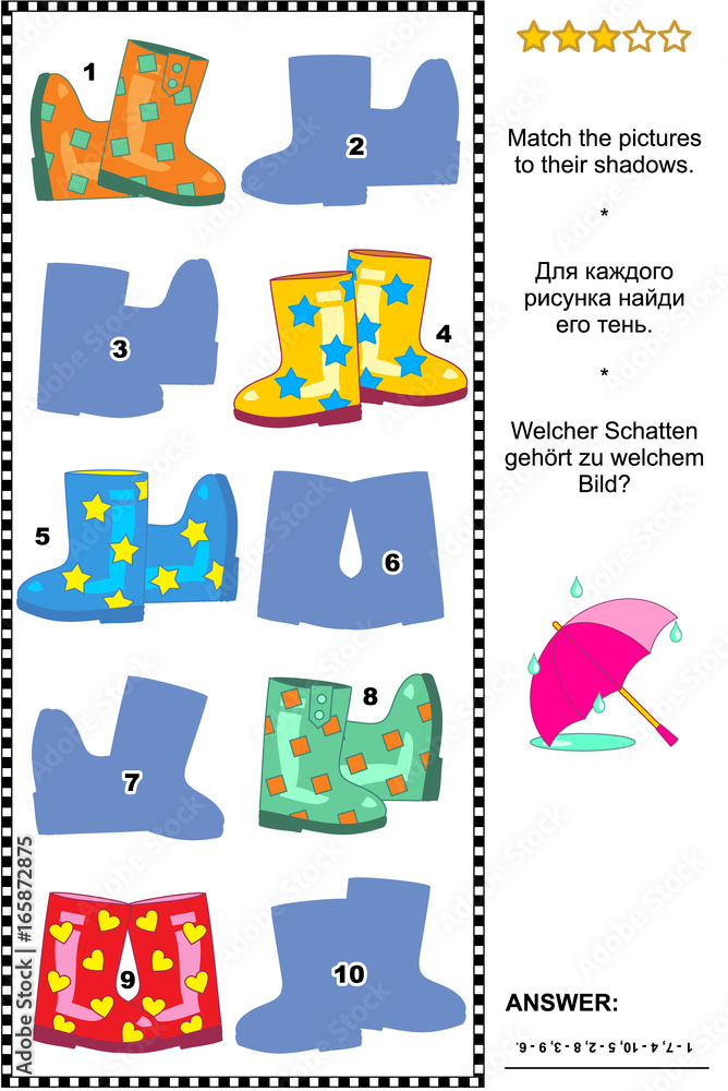 Naklejka premium Visual puzzle: Match the pictures of gumboots to their shadows. Answer included. 