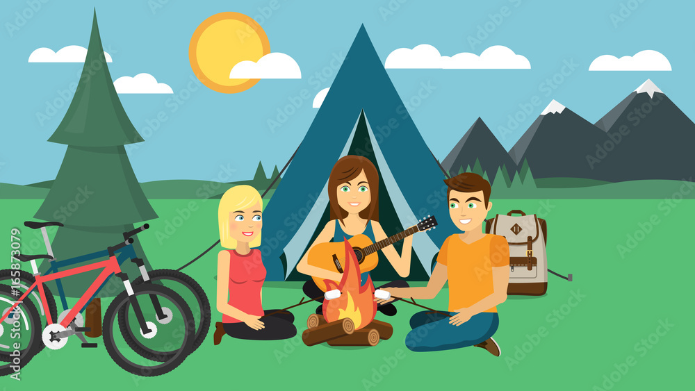 Naklejka premium Camping Lagerfeuer mit Spaß und Musik Flat Design Vektor Grafik Illustration