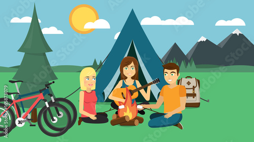 Camping Lagerfeuer mit Spaß und Musik Flat Design Vektor Grafik Illustration