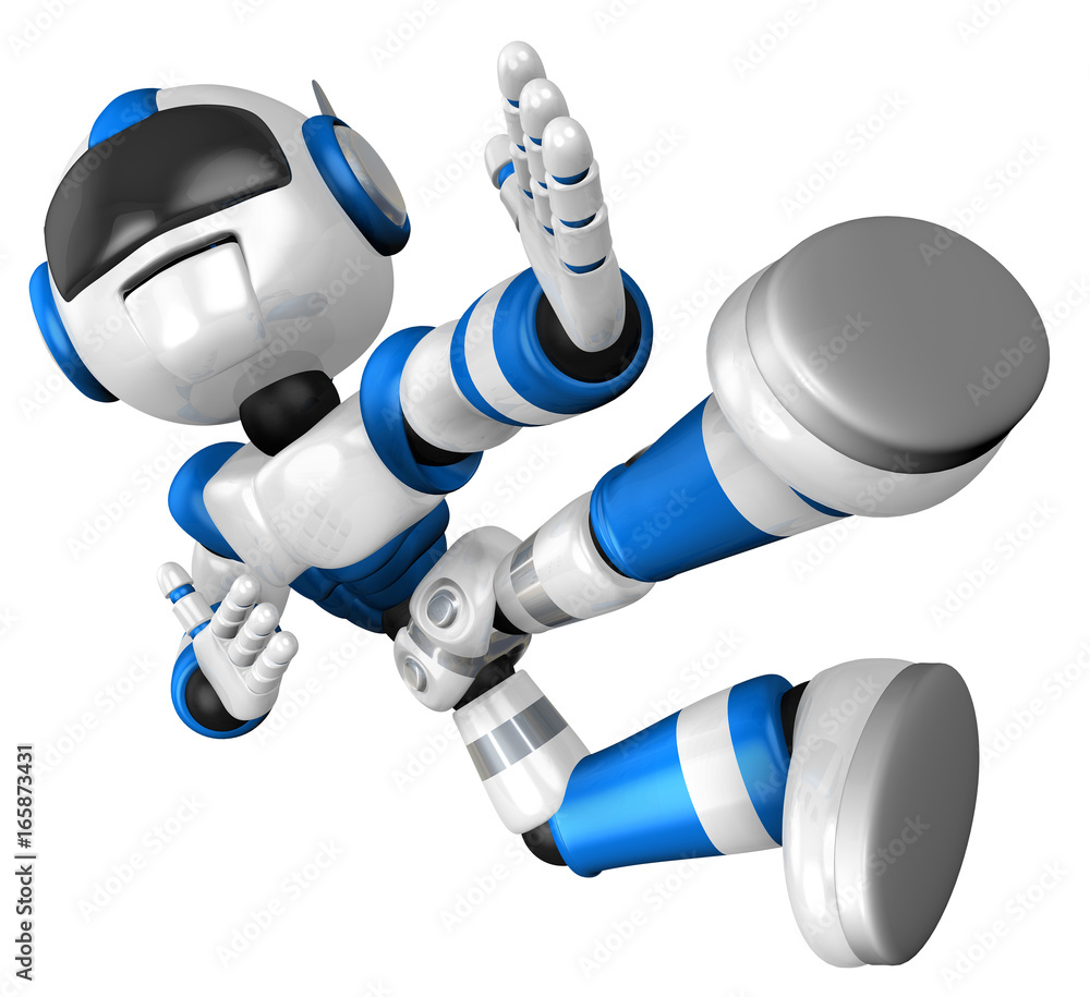 The blue robot on kicks. 3D Robot Character Design The blue robot on kicks. 3D Robot Character Design