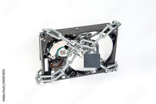 Hard disk file locked isolated on white background. Ransomware cyber attack concept for internet security article