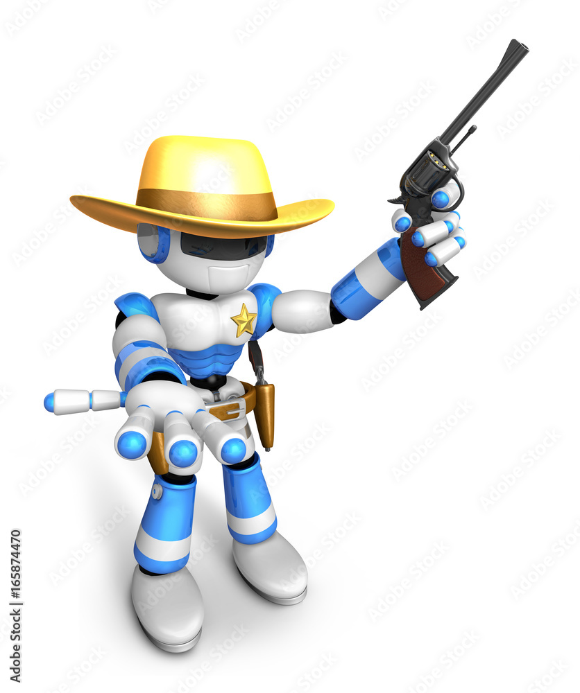 3D Blue Robot sheriff the left hand guides and the right hand is holding a revolver. Create 3D Humanoid Robot Series. 3D Blue Robot sheriff the left hand guides and the right hand is holding a revolver. Create 3D Humanoid Robot Series.