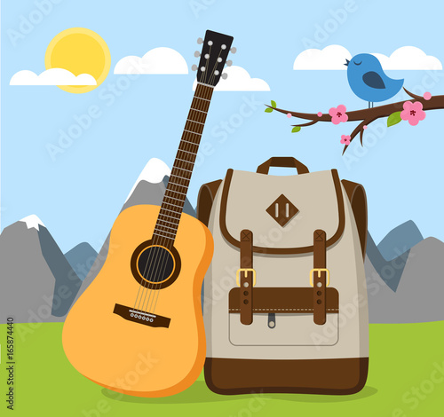 Rucksack mit Gitarre in Natur Flat Design Vektor Grafik Illustration Icon