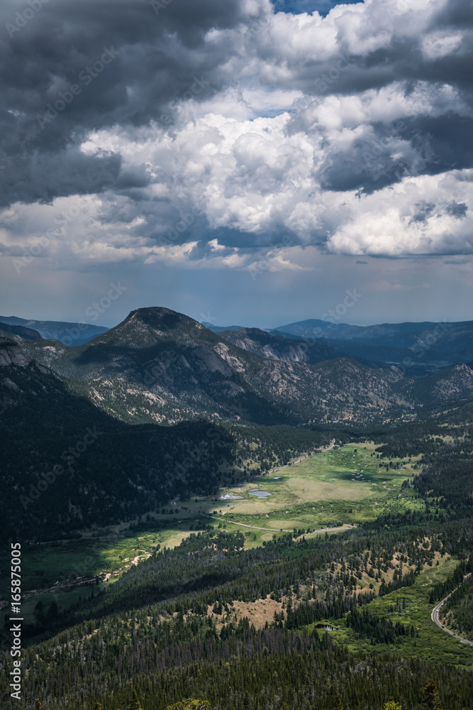 Snowy clouds over the slopes of the Rocky Mountains. Rocky Mountain National Park