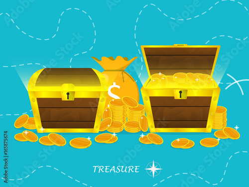 wooden treasure chest gold coin sack,treasure map vector
