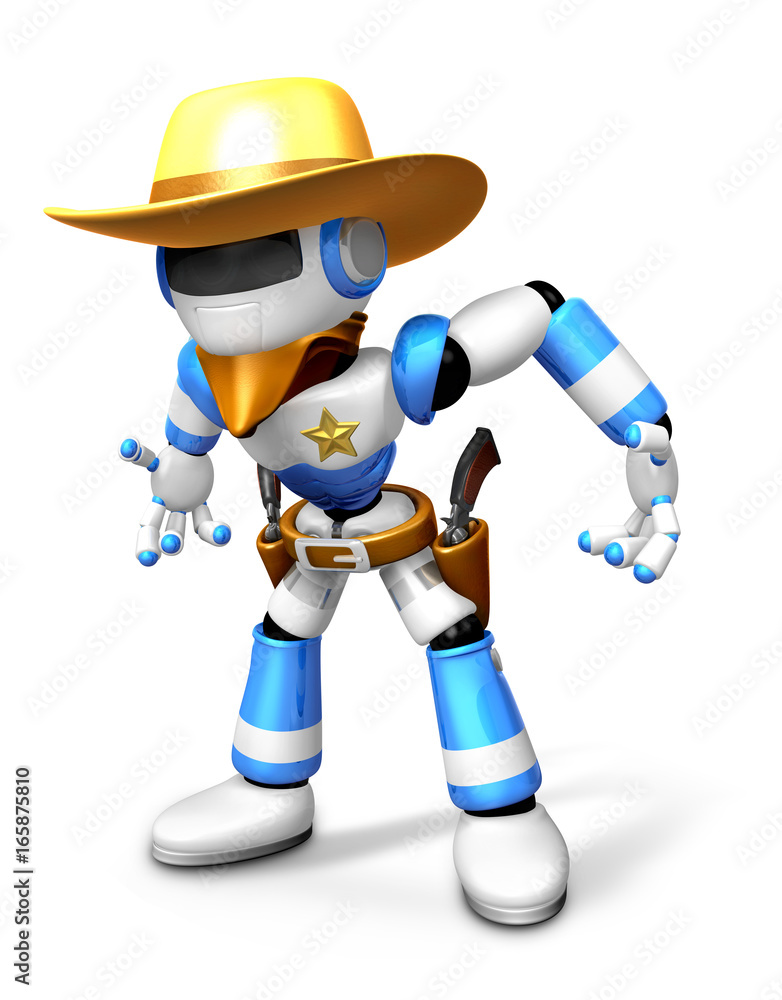 3D blue Robot Sheriff is taking pose a gunfight. Create 3D Humanoid Robot Series. 3D blue Robot Sheriff is taking pose a gunfight. Create 3D Humanoid Robot Series.