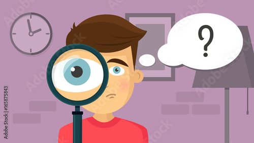 Junge mit Lupe Frage Research Flat Design Vektor Grafik Illustration Icon