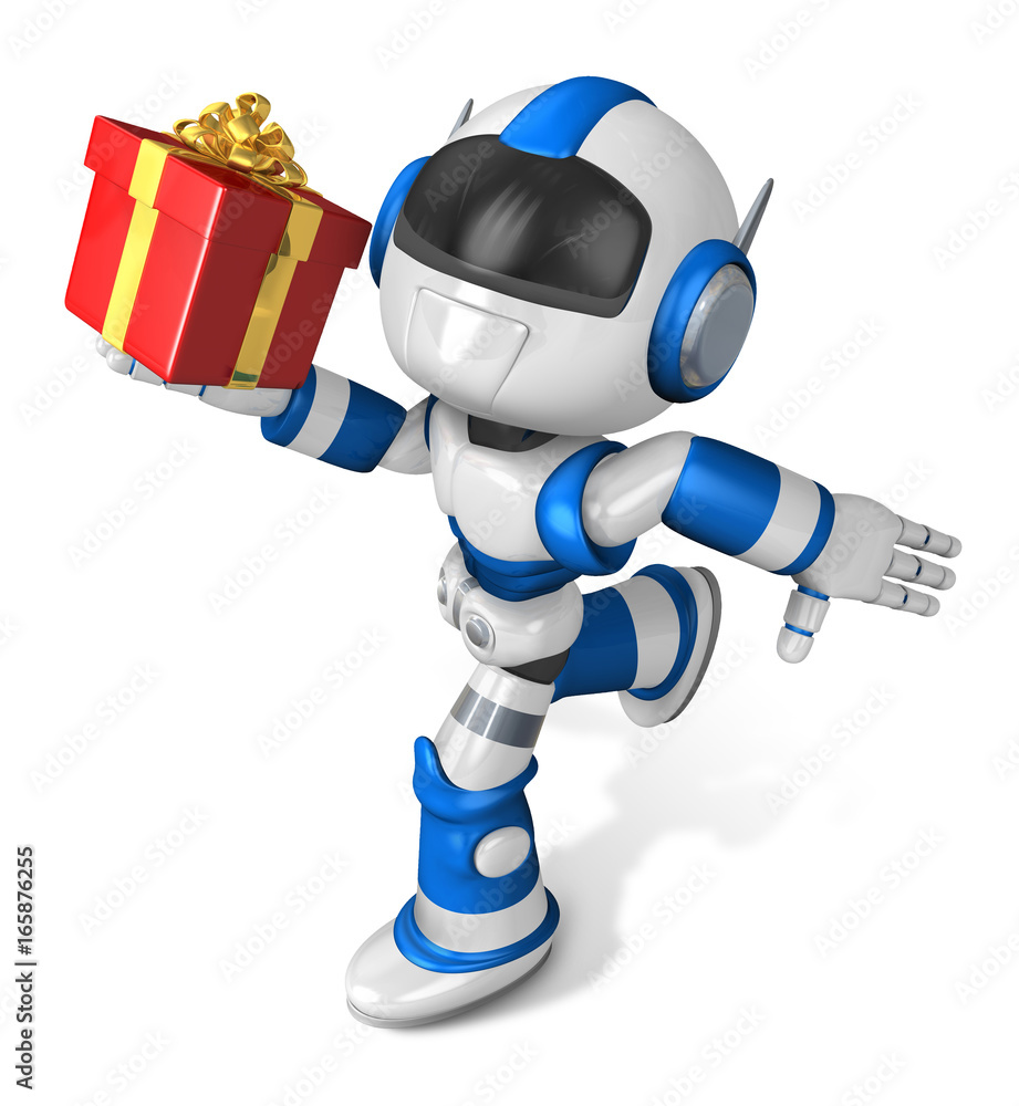 Blue robot holding a big gift running. Create 3D Humanoid Robot Series. Blue robot holding a big gift running. Create 3D Humanoid Robot Series.