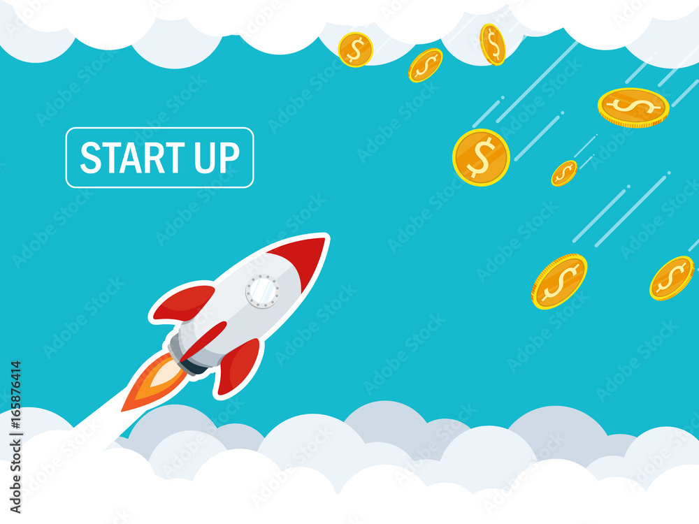 rocket launch on sky cloud,gold coin falling from sky flat vector rocket launch on sky cloud,gold coin falling from sky flat vector