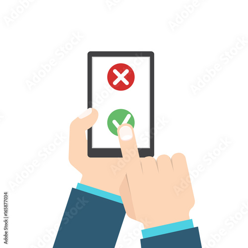 Customer review or feedback concept. Rating system on smart phone. Vector illustration, flat style.