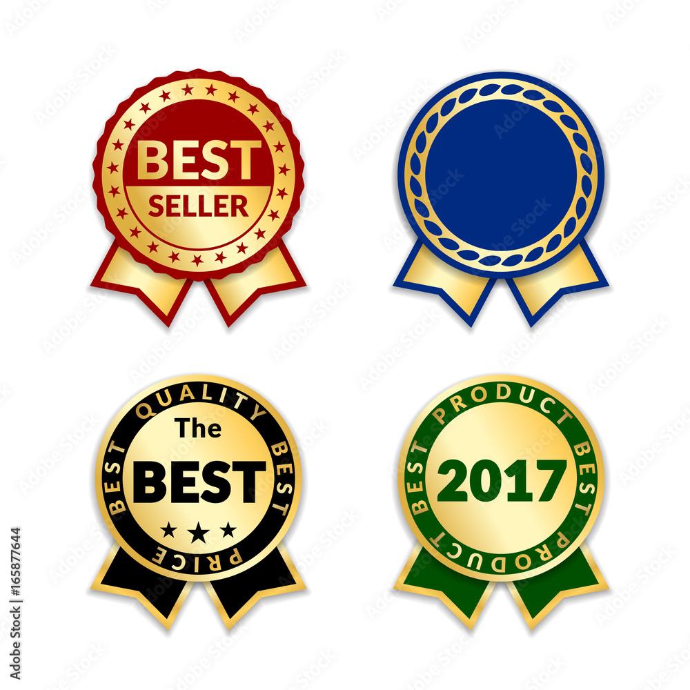 Ribbons award best seller set. Gold ribbon award icon isolated white background. Bestseller golden tag sale label, badge, medal, guarantee quality product, business certificate Vector illustration Ribbons award best seller set. Gold ribbon award icon isolated white background. Bestseller golden tag sale label, badge, medal, guarantee quality product, business certificate Vector illustration