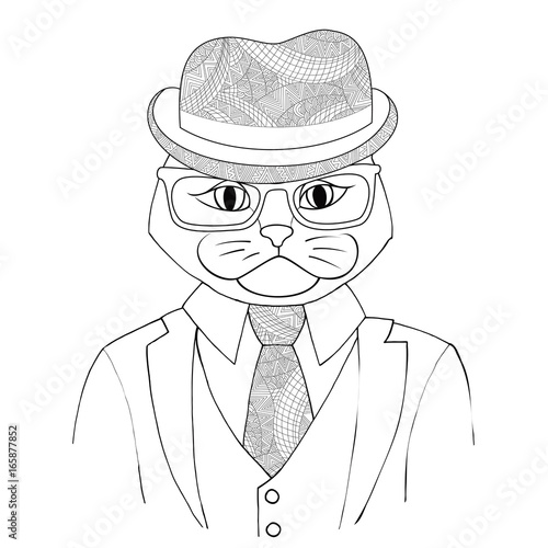 Catman boss in a suit. A hybrid of man and cat Zen Tangle. Portrait of a businesslike person in hat and glasses.