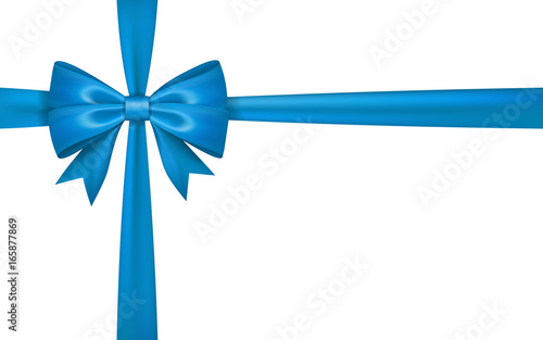 Gift bow ribbon silk. Blue bow tie isolated white background. 3D gift bow tie for Christmas present, holiday decoration, birthday celebration. Decorative satin ribbon element Vector illustration