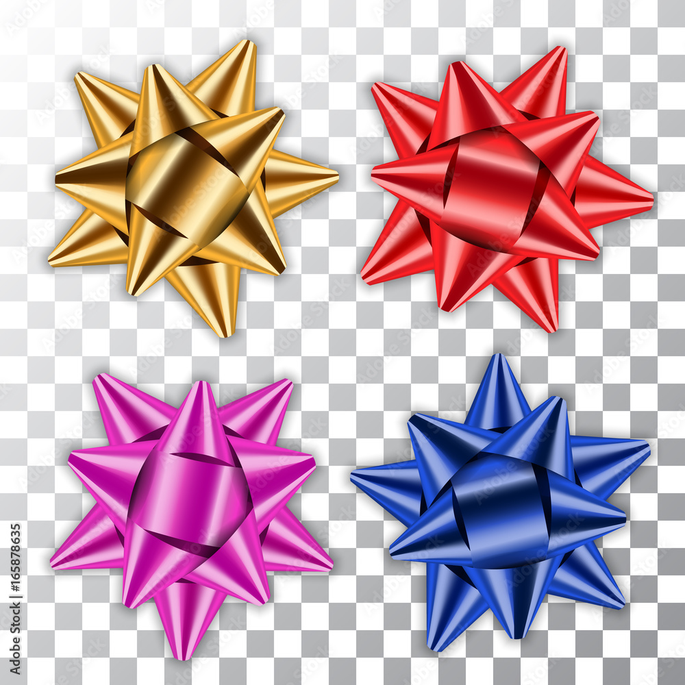 Gold, blue, red, pink bow ribbons set. Decor golden element package Shiny decorations gift, holiday design, isolated white transparent background. Symbol Christmas, New Year Vector illustration Gold, blue, red, pink bow ribbons set. Decor golden element package Shiny decorations gift, holiday design, isolated white transparent background. Symbol Christmas, New Year Vector illustration