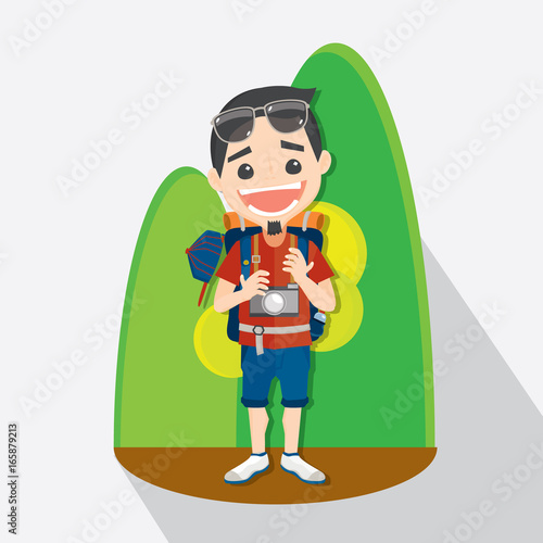Tourist with objects for travel. character design - vector illustration