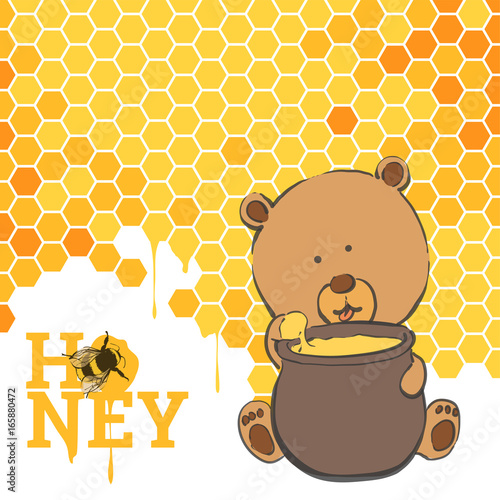 Bright Postcard with a bear and honey