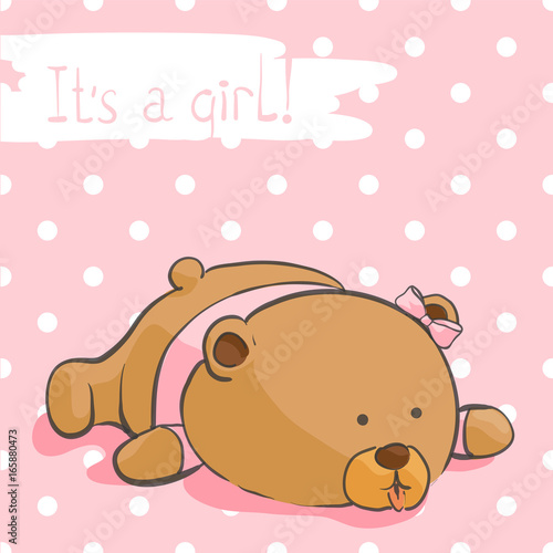 Greeting card with a bear cub on a pink background
