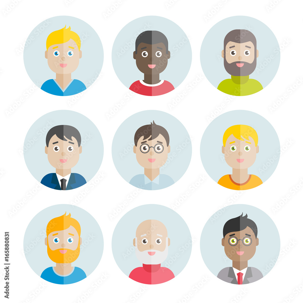Collection of vector flat men's avatars for web, print, mobile apps design Collection of vector flat men's avatars for web, print, mobile apps design