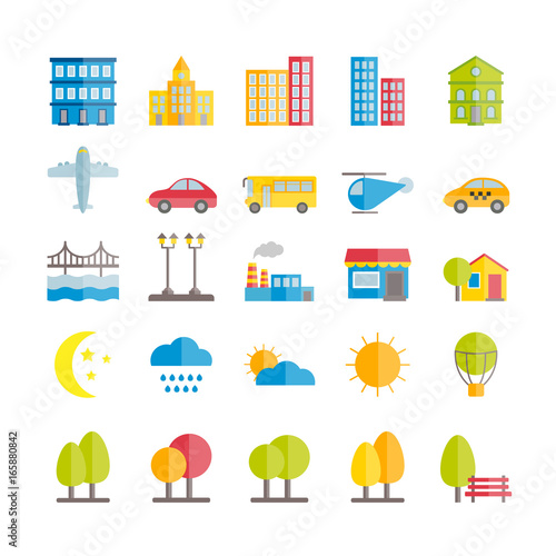 Set of vector flat city landscape elements icons/ Modern flat icons for web, print, mobile apps design