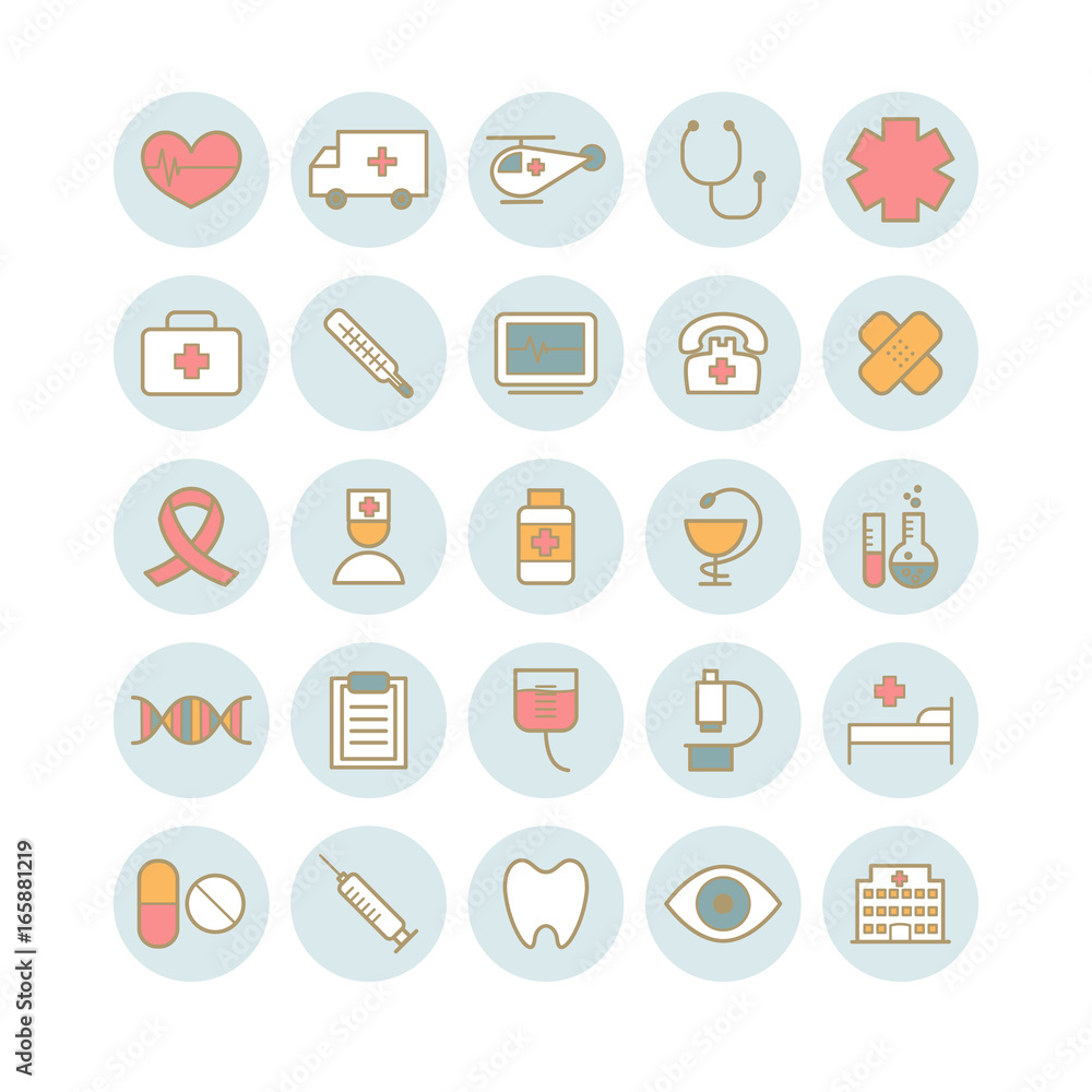 Collection of 25 vector linear medical icons. Flat icons for web design