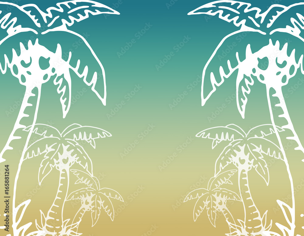 Background. Summer. Flat monochrome summer pattern. Wrapping paper summer pattern. Cute doodle summer pattern with palm tree and waves.