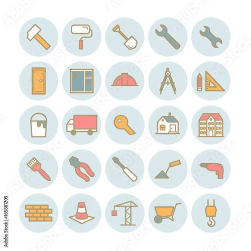 Set of vector outline construction and building icons. Modern flat linear icons for web design