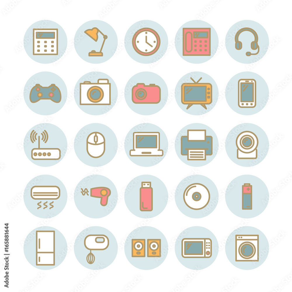 Set of vector thin linear icons. Household and office appliances Set of vector thin linear icons. Household and office appliances