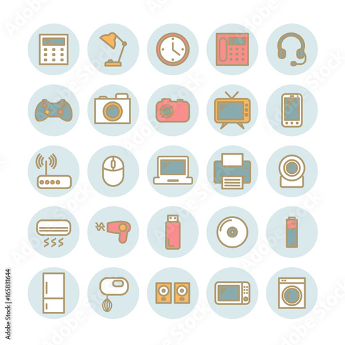 Set of vector thin linear icons. Household and office appliances