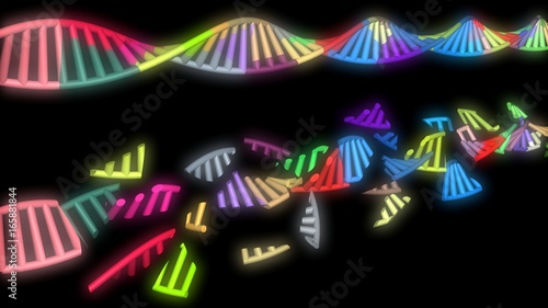 Glowing multicolored DNA molecule strands. Angled perspective view. 3d rendering photo