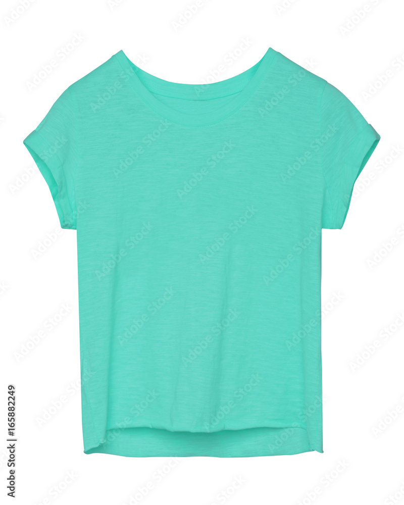 Azure blue empty women tee shirt with torn edges isolated