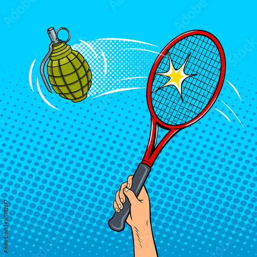 Tennis racket hits a grenade pop art style vector