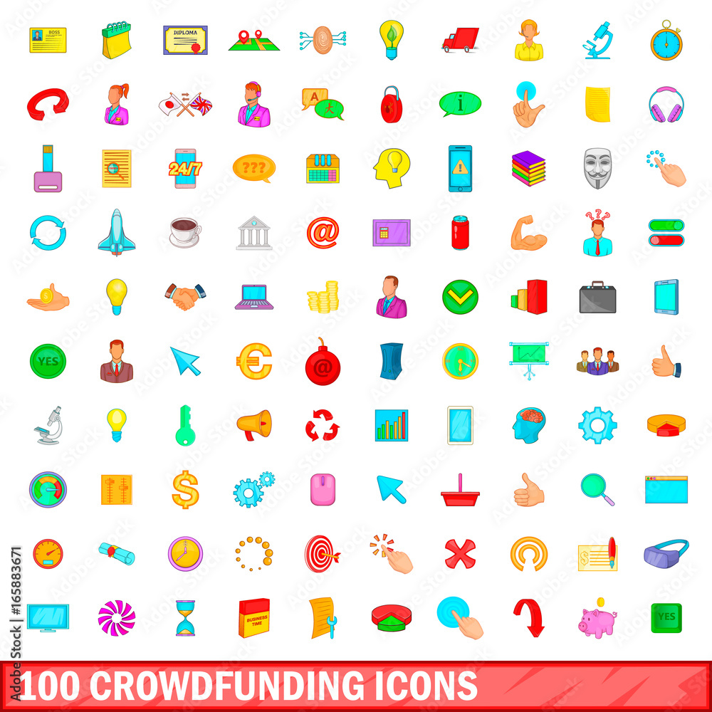 100 crowdfunding icons set, cartoon style 100 crowdfunding icons set, cartoon style