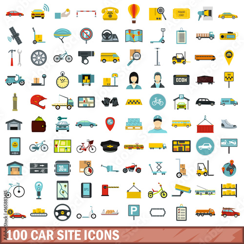 100 car site icons set, flat style