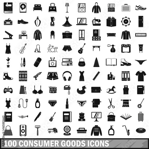 100 consumer goods icons set, simple style 