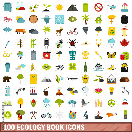 100 ecology book icons set, flat style