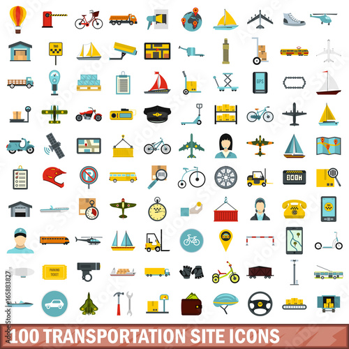 100 transportation site icons set, flat style 