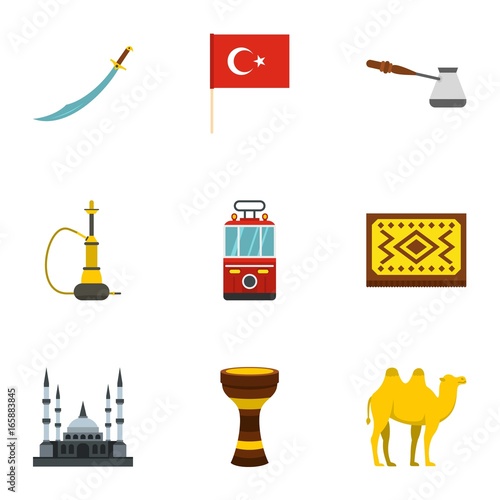 Turkey equipment icons set, flat style