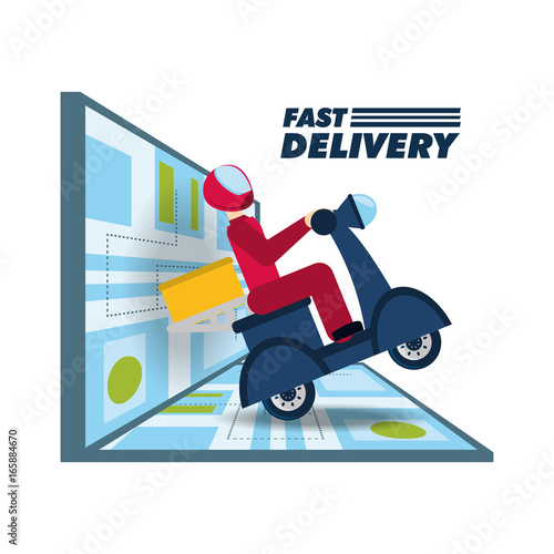 courier delivery with box package in the motocycle and map