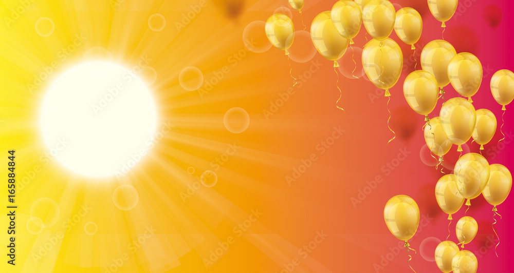 Sommerhimmel mit Sonne, Sonnenstrahlen und goldenen Luftballons Sommerhimmel mit Sonne, Sonnenstrahlen und goldenen Luftballons