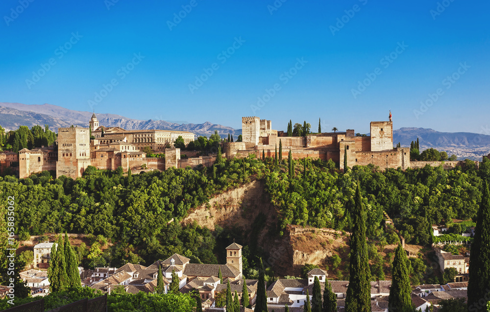 lhambra palace at Granada, Spain. Panorama view on old medieval arab palace at Andalusia. Famous travel destination.