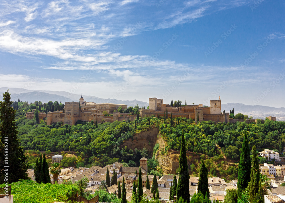 lhambra palace at Granada, Spain. Panorama view on old medieval arab palace at Andalusia. Famous travel destination.