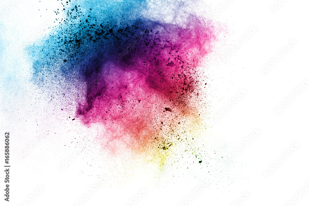 Painted powder explosion on white background. Multicolored dust explode for celebration or holiday design element.