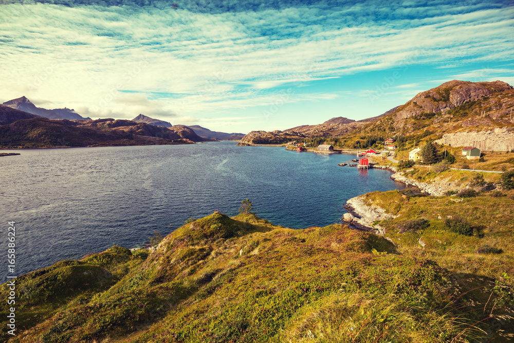 Panoramic view of the fjord and a fishing village. Lofoten islands, Norway